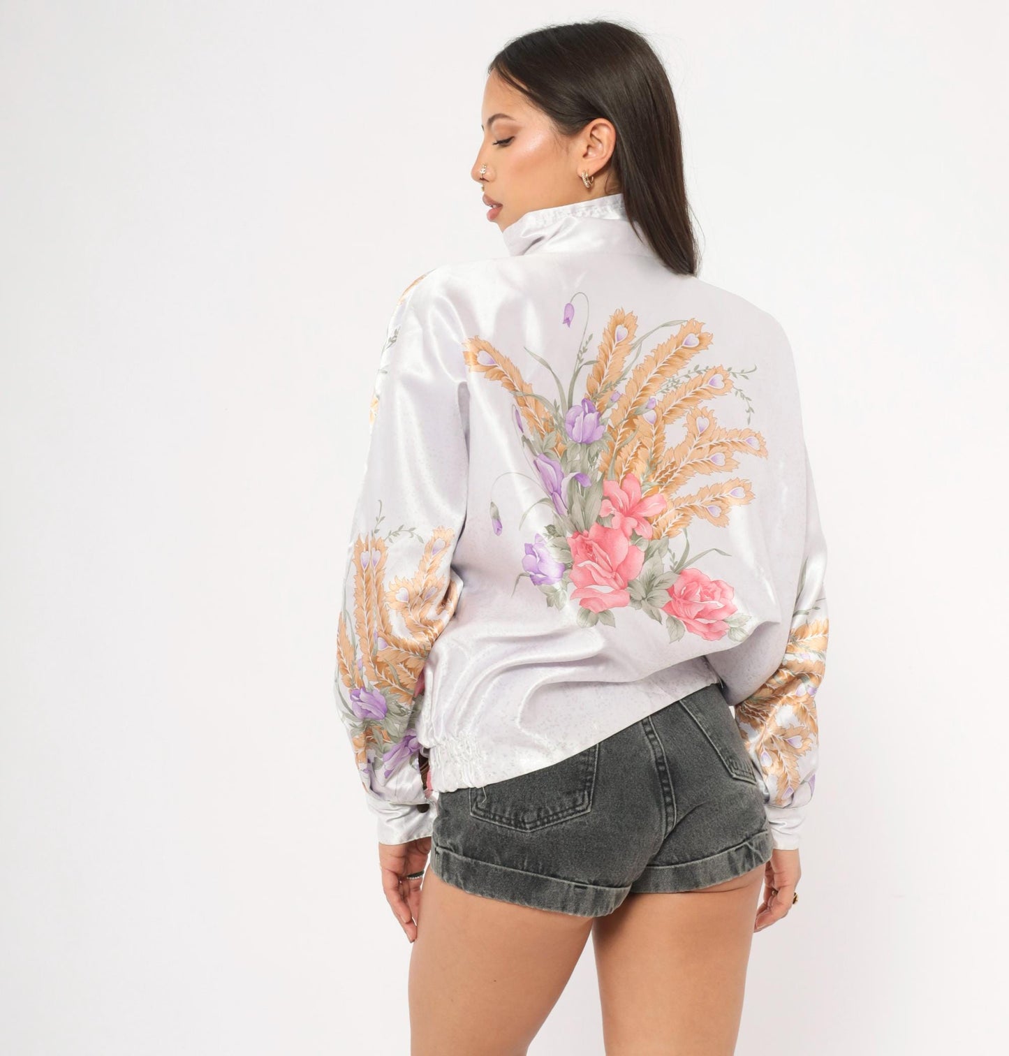 90s White Satin Floral Bomber Jacket Pink Purple Gold Roses Irises Medium M