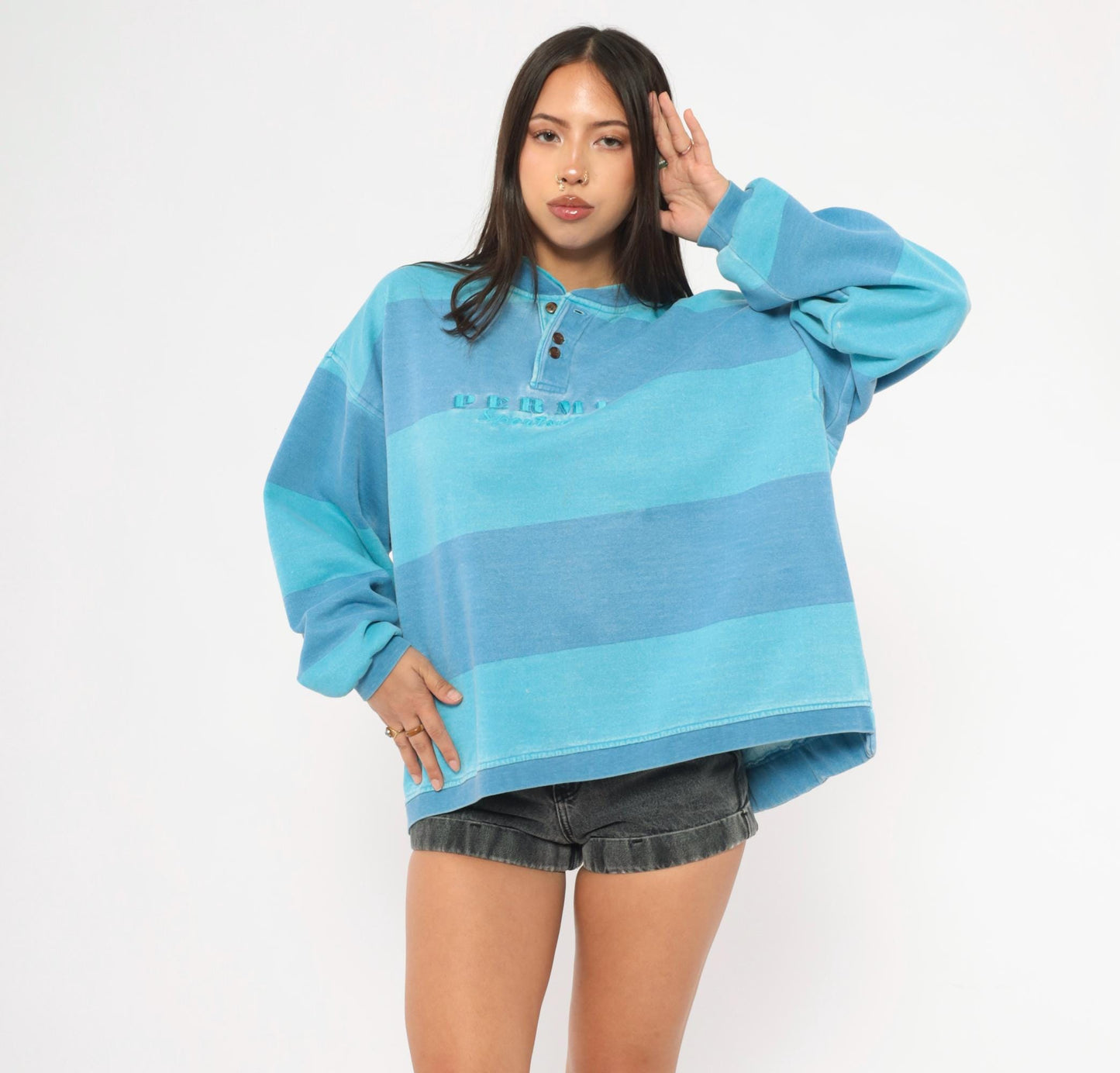 90s Permit Sportswirt Striped Henley Sweatshirt Blue Teal Colorblock Large L