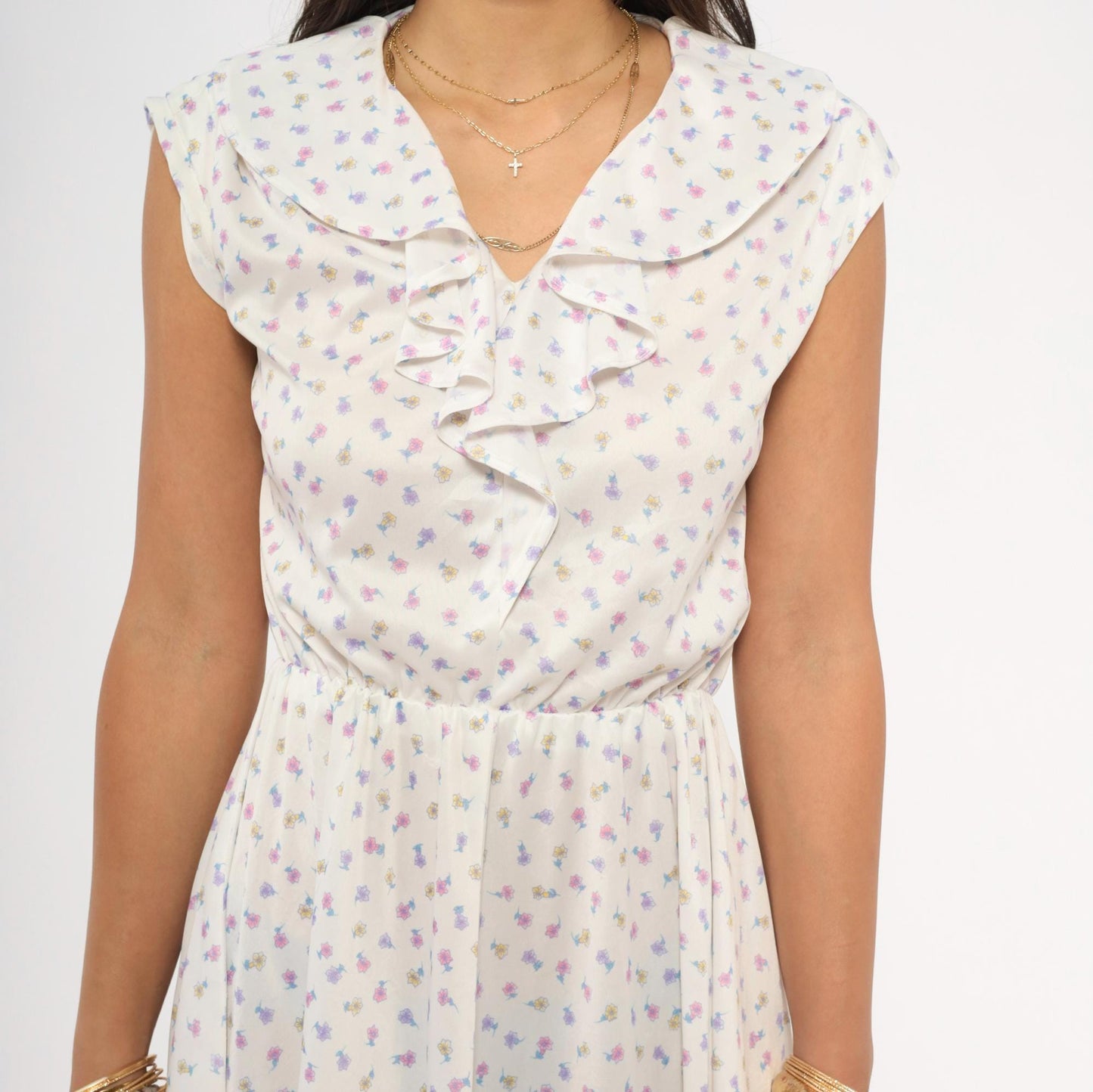70s Floral Sundress White Pink Lavender Ditsy Print V-Neck Ruffle Cap Sleeve Medium