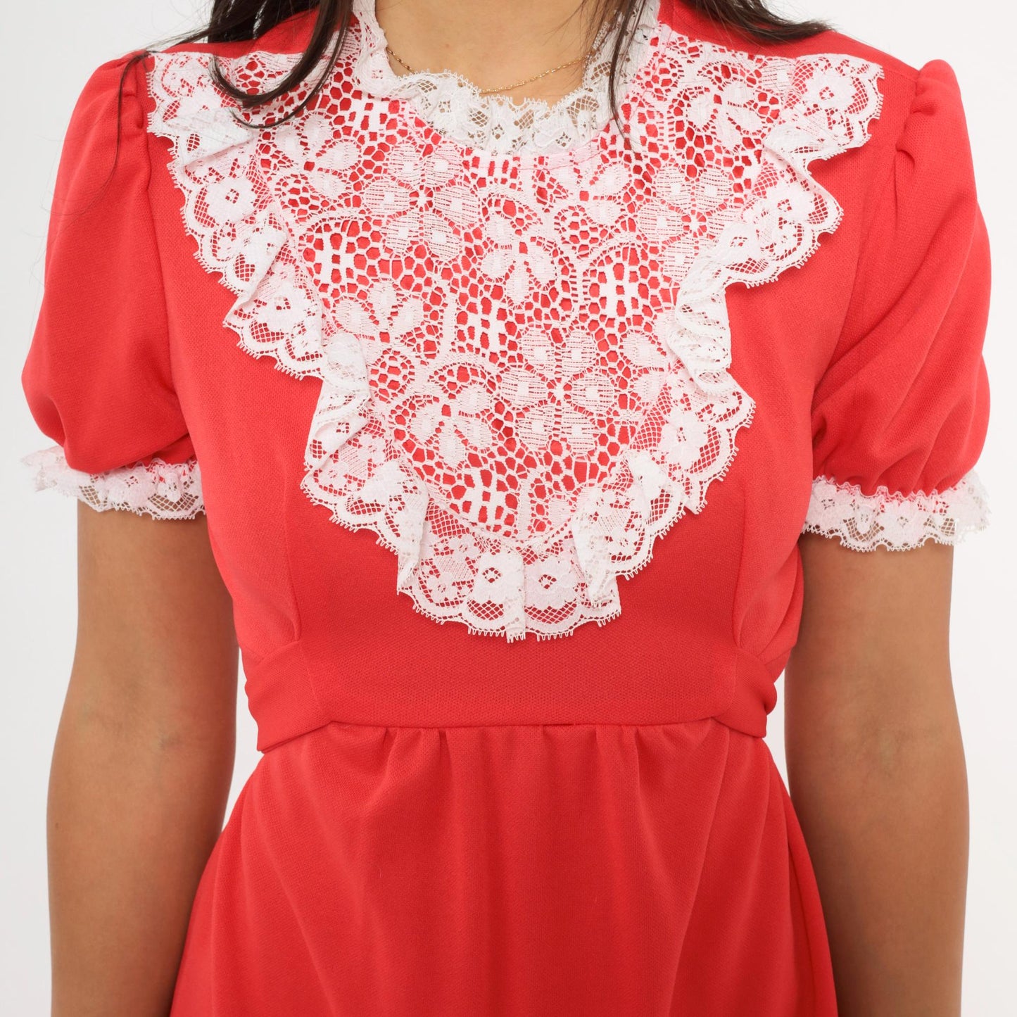 70s Red Mini Dress White Lace Bib Puff Sleeve A-Line Small S
