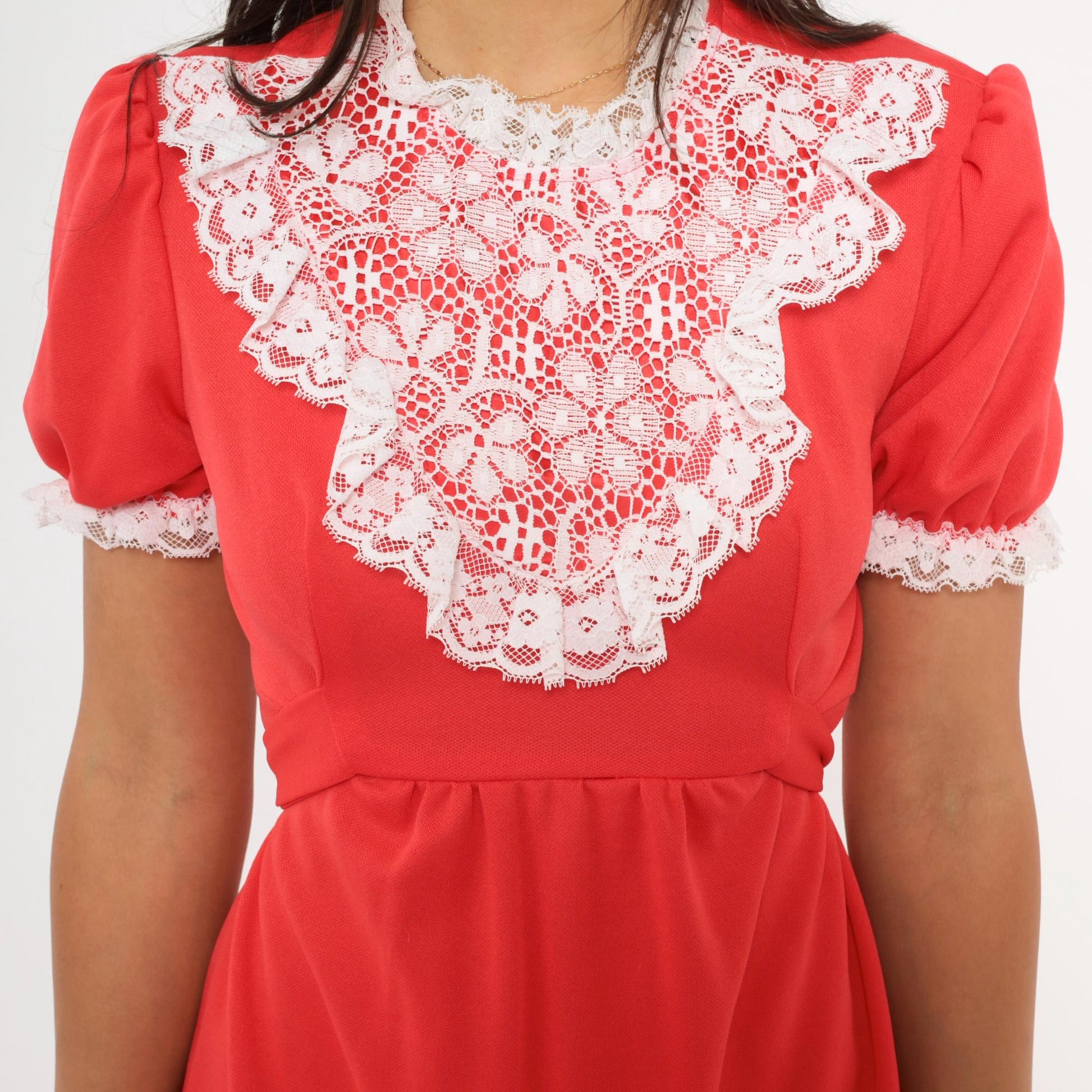 70s Red Mini Dress White Lace Bib Puff Sleeve A-Line Small S