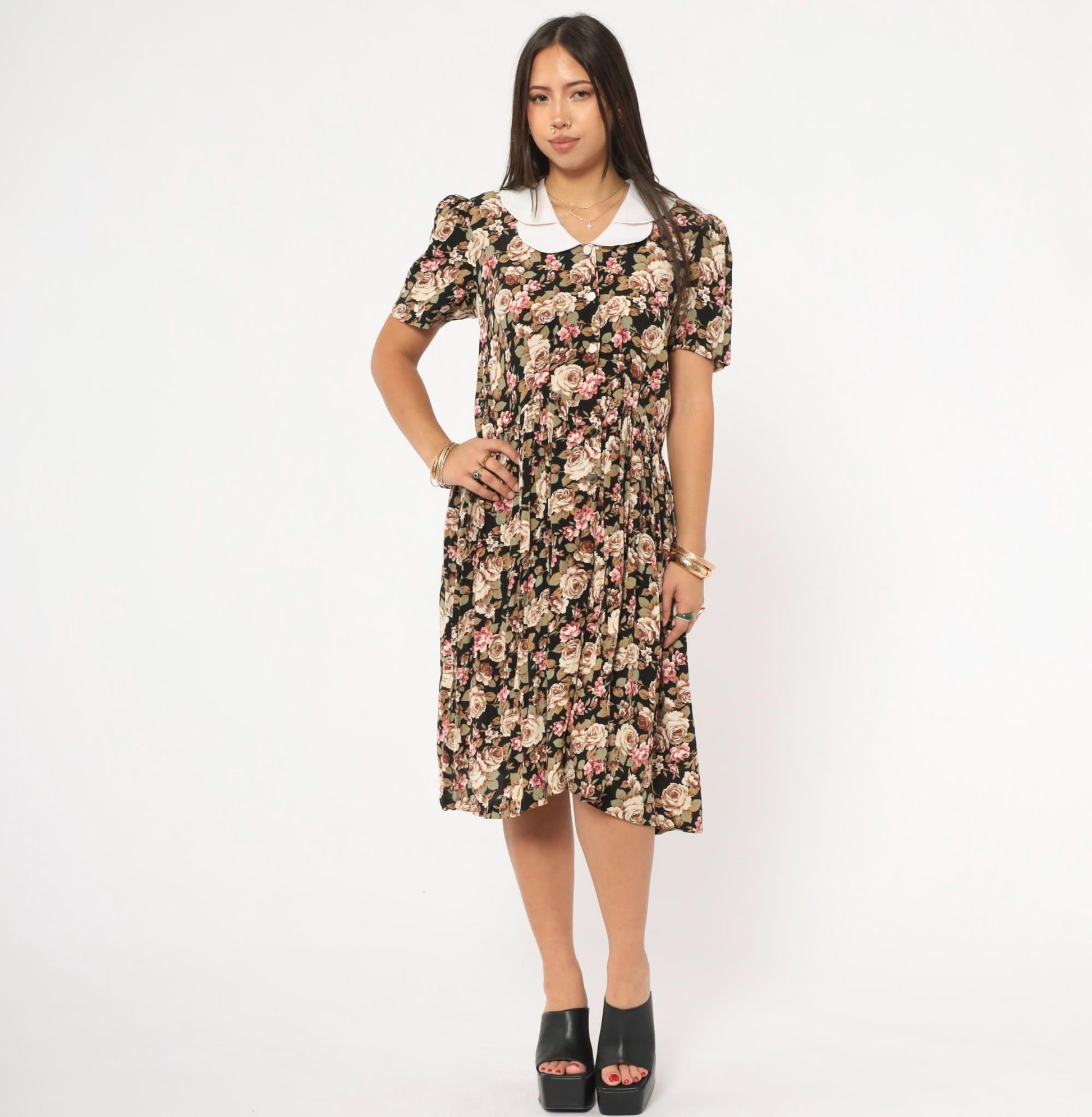 90s Black Floral Peter Pan Collar Dress Button Front Knee Length Medium M