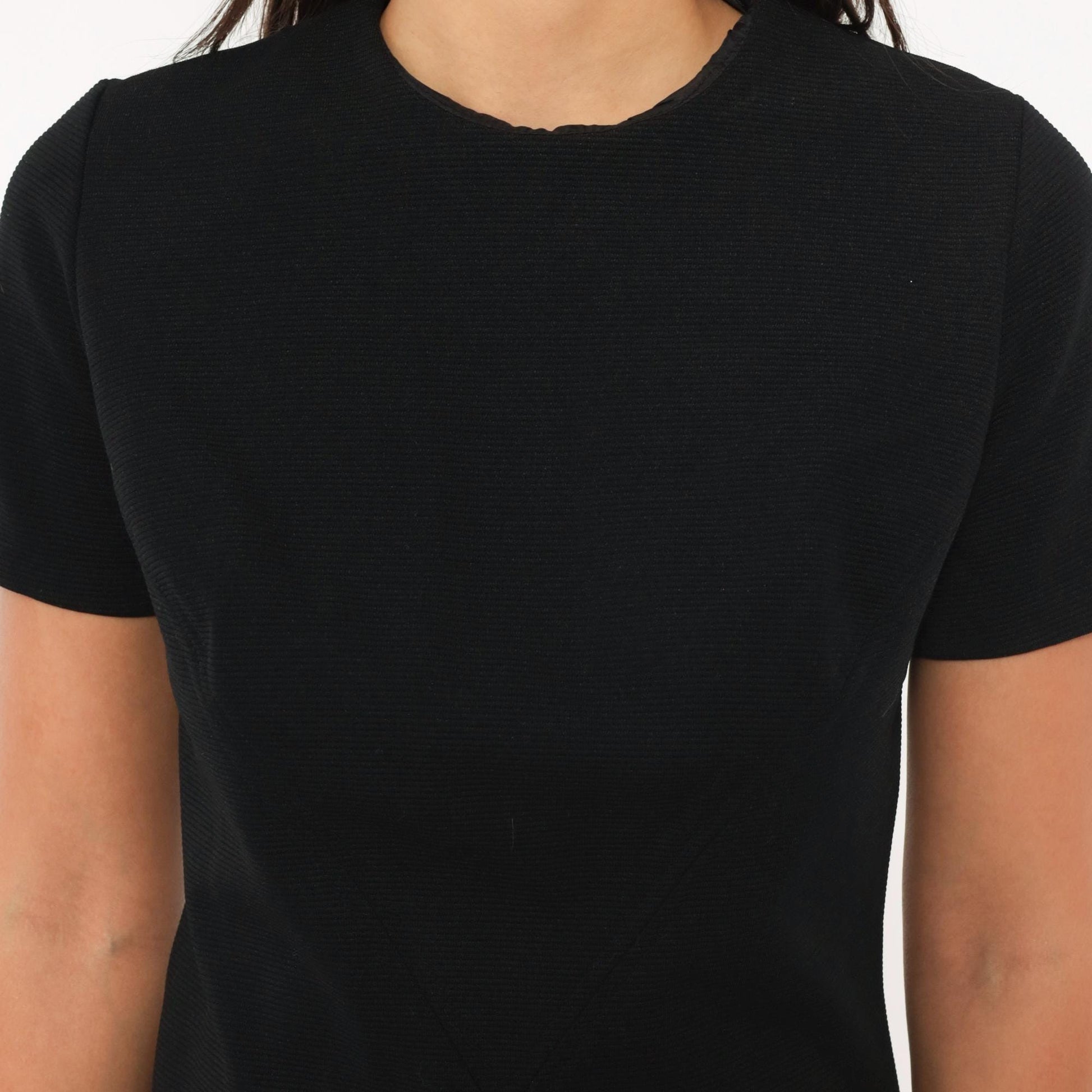 70s Black Shift Dress Crew Neck Short Sleeve Knee Length Small