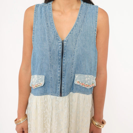 90s Modelle Designs Denim Lace Maxi Dress Sleeveless V Neck Floral Embroidered Cream Large L