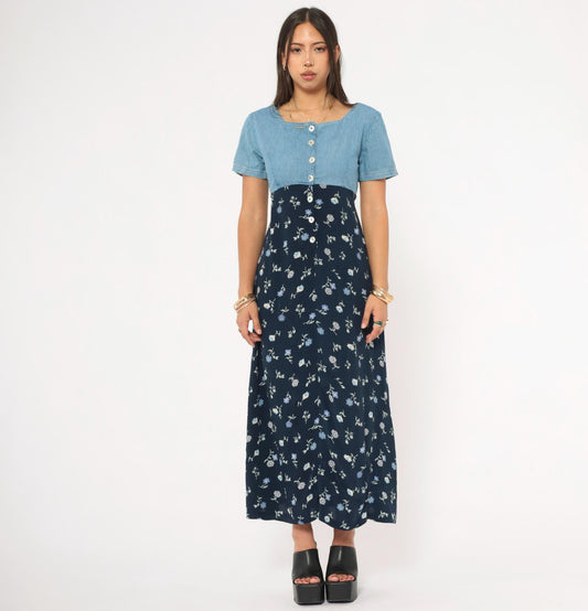 90s Express Denim Floral Maxi Dress Navy Empire Waist Button Front Small
