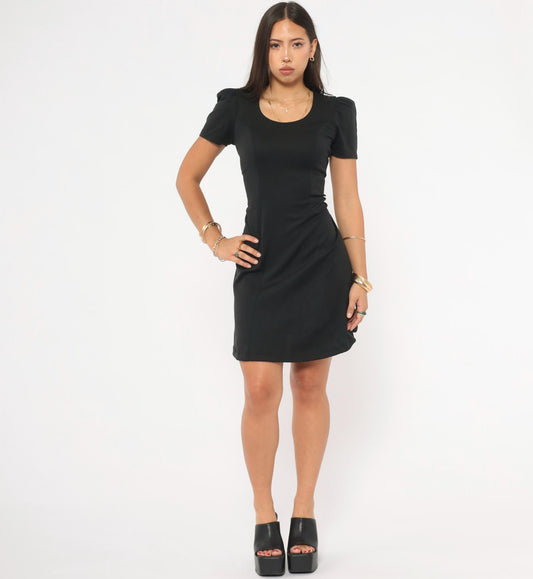90s Formal Fashions Black A-Line Dress Puff Sleeve Scoop Neck Knee Length Small