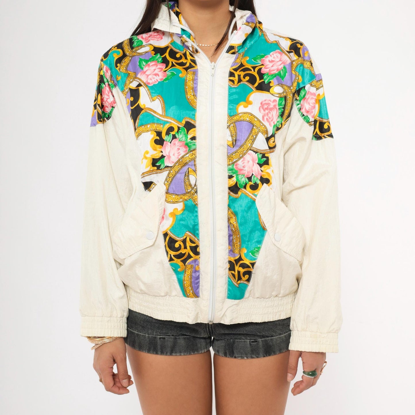 90s Sunterra Petite Baroque Rose Windbreaker Jacket Teal Gold Purple Pink Small