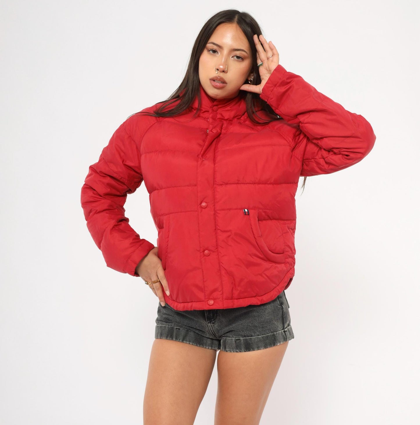 90s Tommy Jeans Red Down Puffer Jacket Hooded Cropped Quilted Medium M