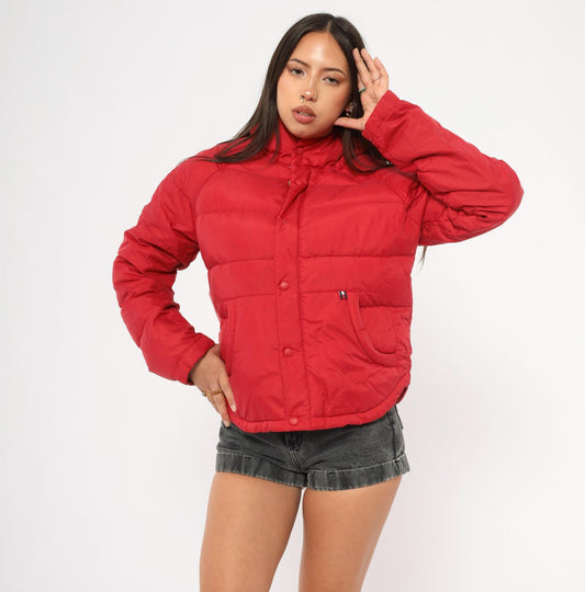 90s Tommy Jeans Red Down Puffer Jacket Hooded Cropped Quilted Medium M
