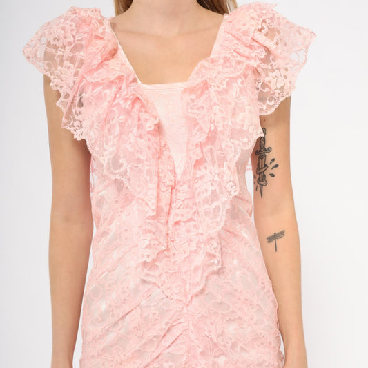 80s Pink Lace Midi Dress Floral Overlay Ruffled Cap Sleeves Small
