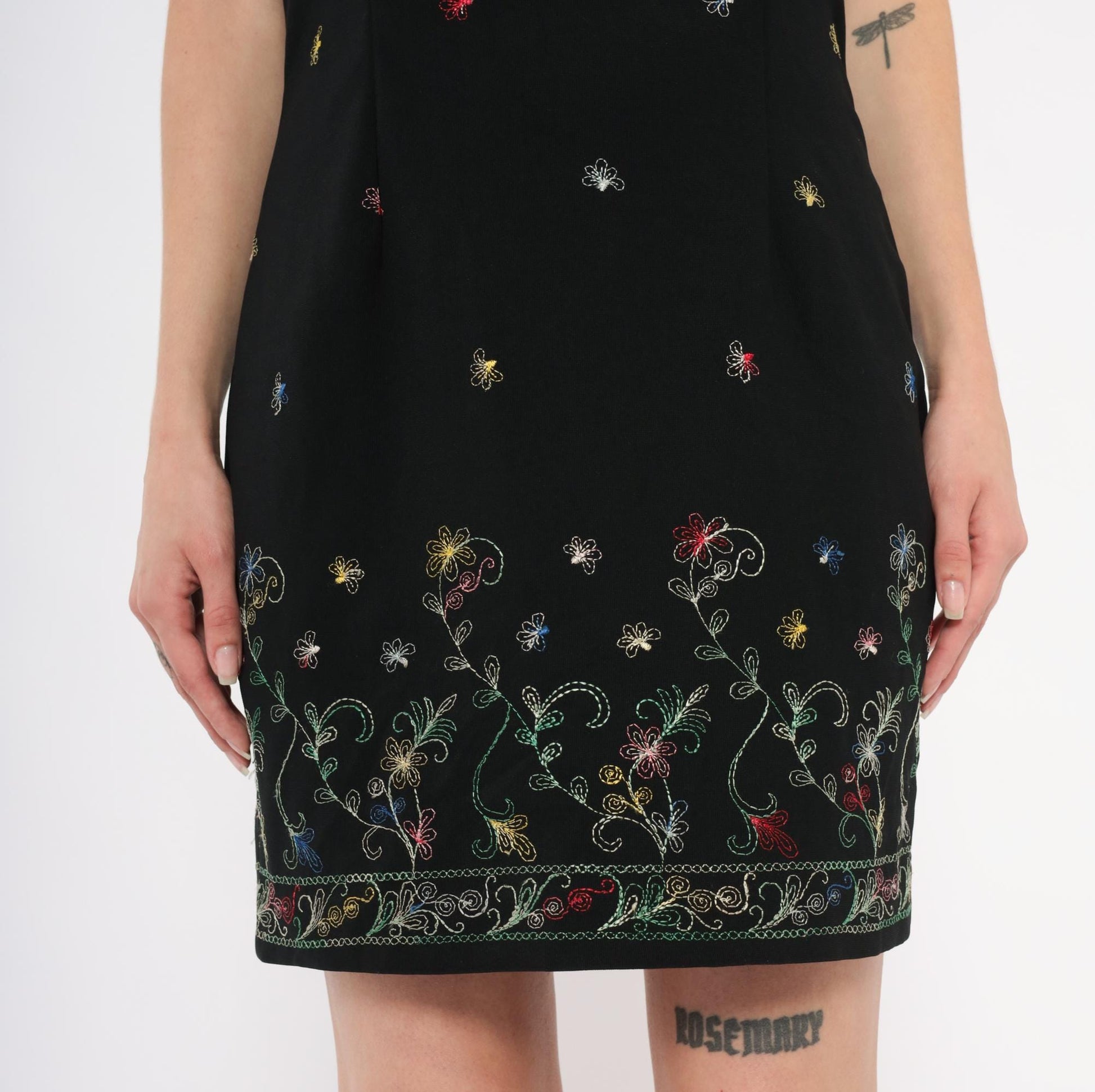 90s Hugo Buscati Black Halter Mini Dress Floral Embroidery Small Medium