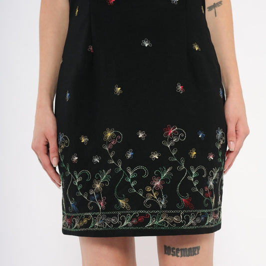 90s Hugo Buscati Black Halter Mini Dress Floral Embroidery Small Medium