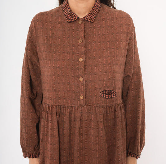 90s No Saint Brown Maxi Shirt Dress Houndstooth Collar Diamond Pattern Medium
