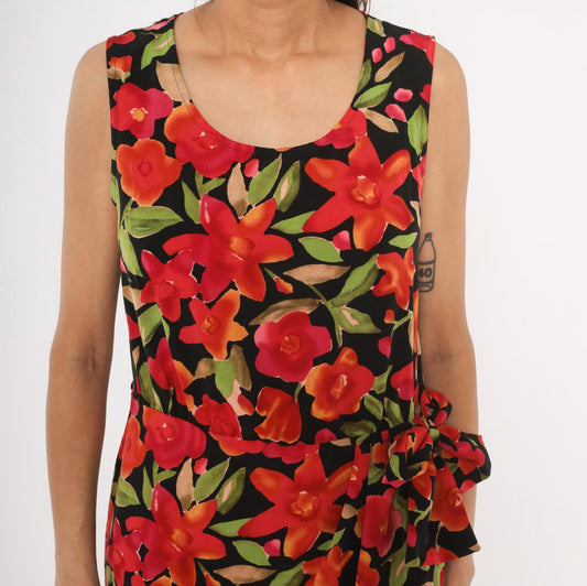 90s Sag Harbor Floral Wrap Dress Knee Length Black Red Tropical Medium M