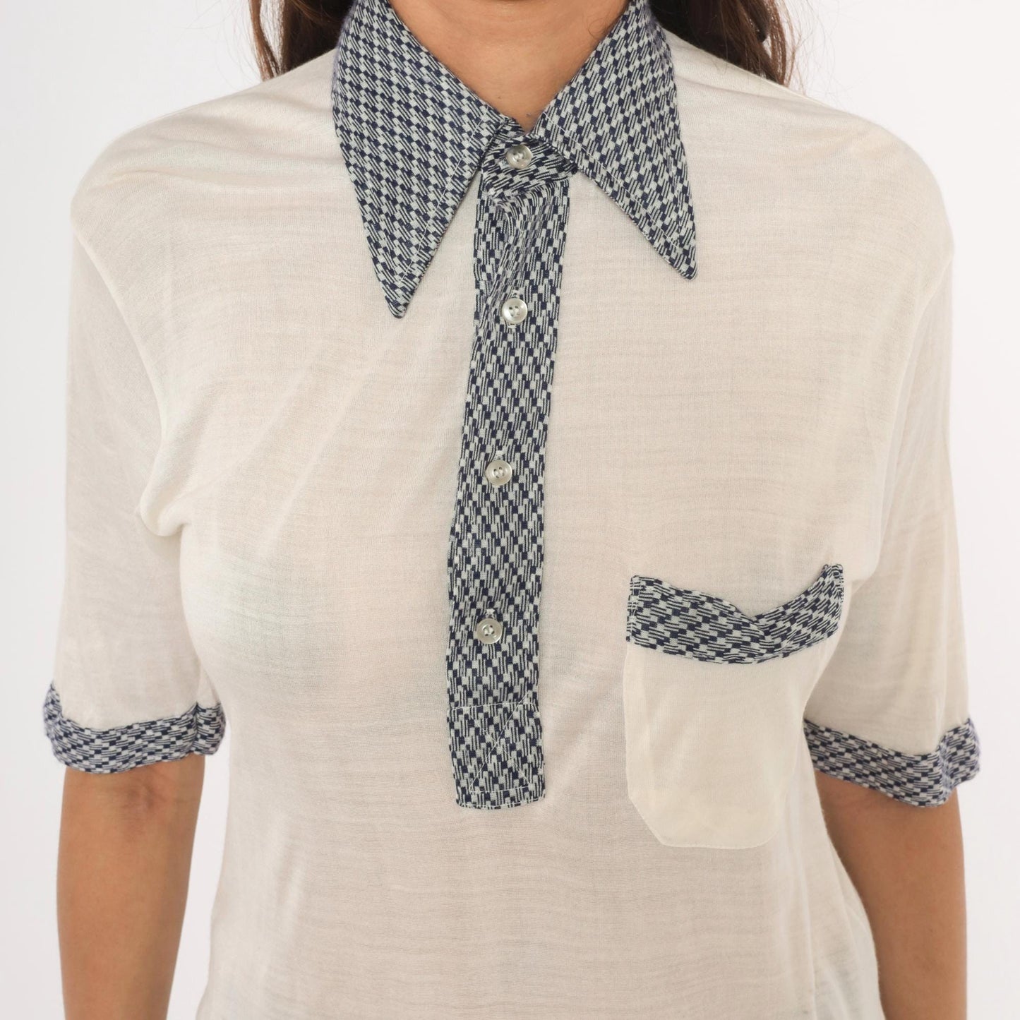 80s Drummond Houndstooth Polo Cream Navy Check Collar Knit Blouse Medium