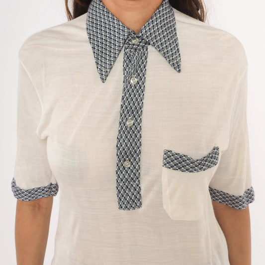 80s Drummond Houndstooth Polo Cream Navy Check Collar Knit Blouse Medium