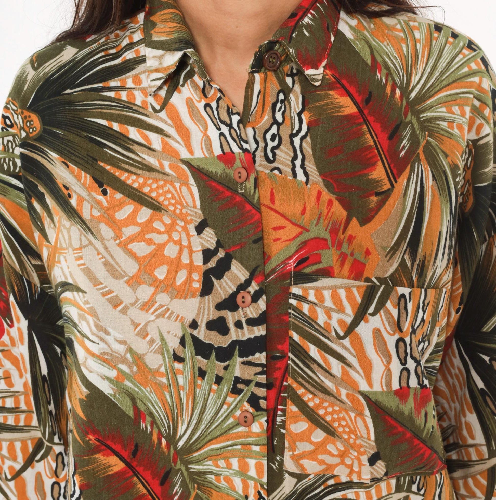 90s Touché LA Tropical Palm Leaf Print Shirt Mustard Olive Red Large L
