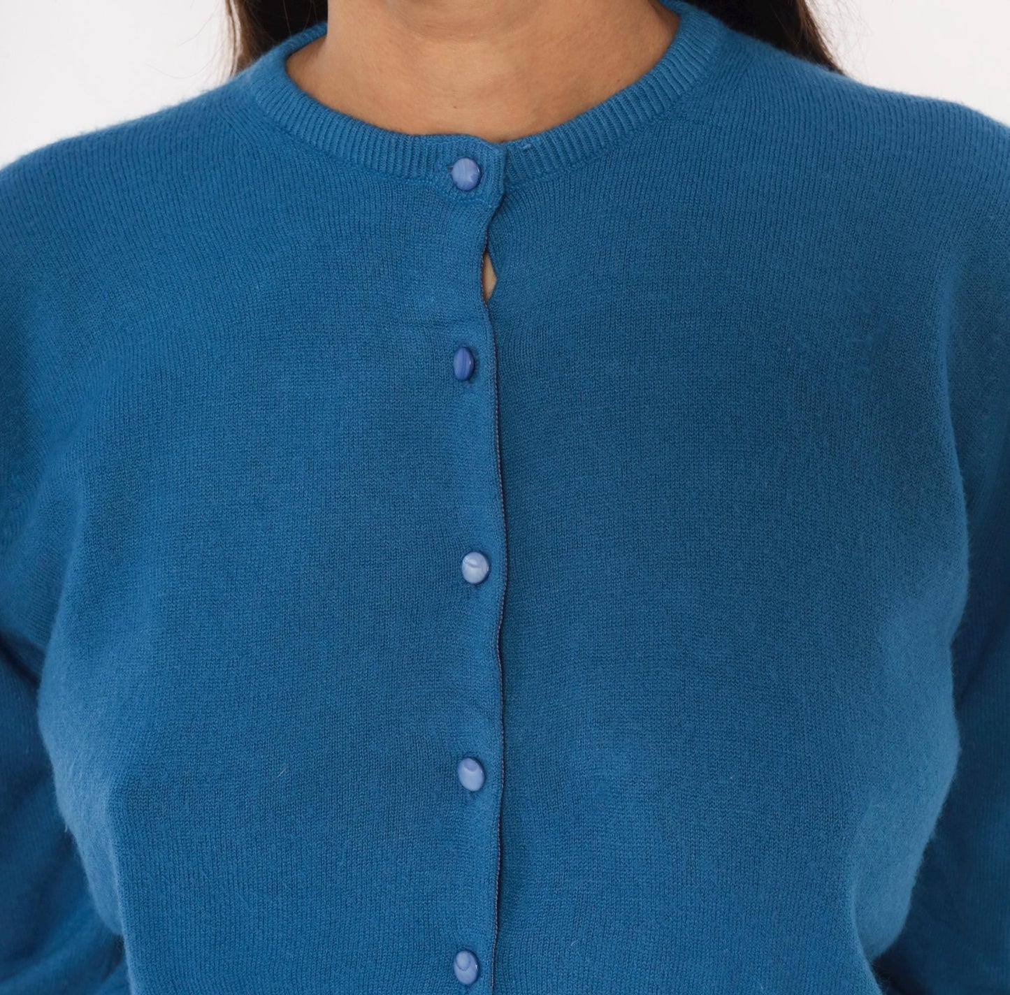 60s Joyce Lane Blue Cardigan Knit Sweater Cropped Ribbed Small S