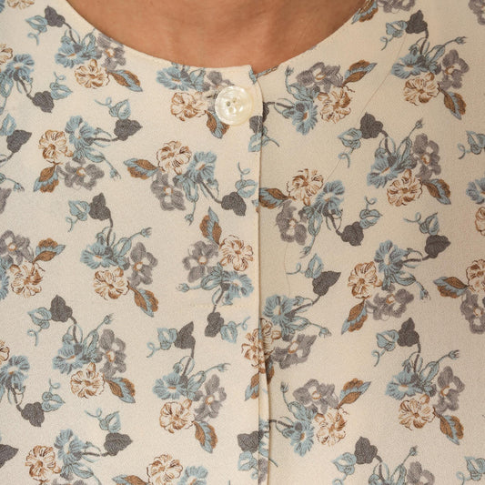 90s Josephine Chaus Floral Button Blouse Cream Puff Sleeve Collarless Medium M