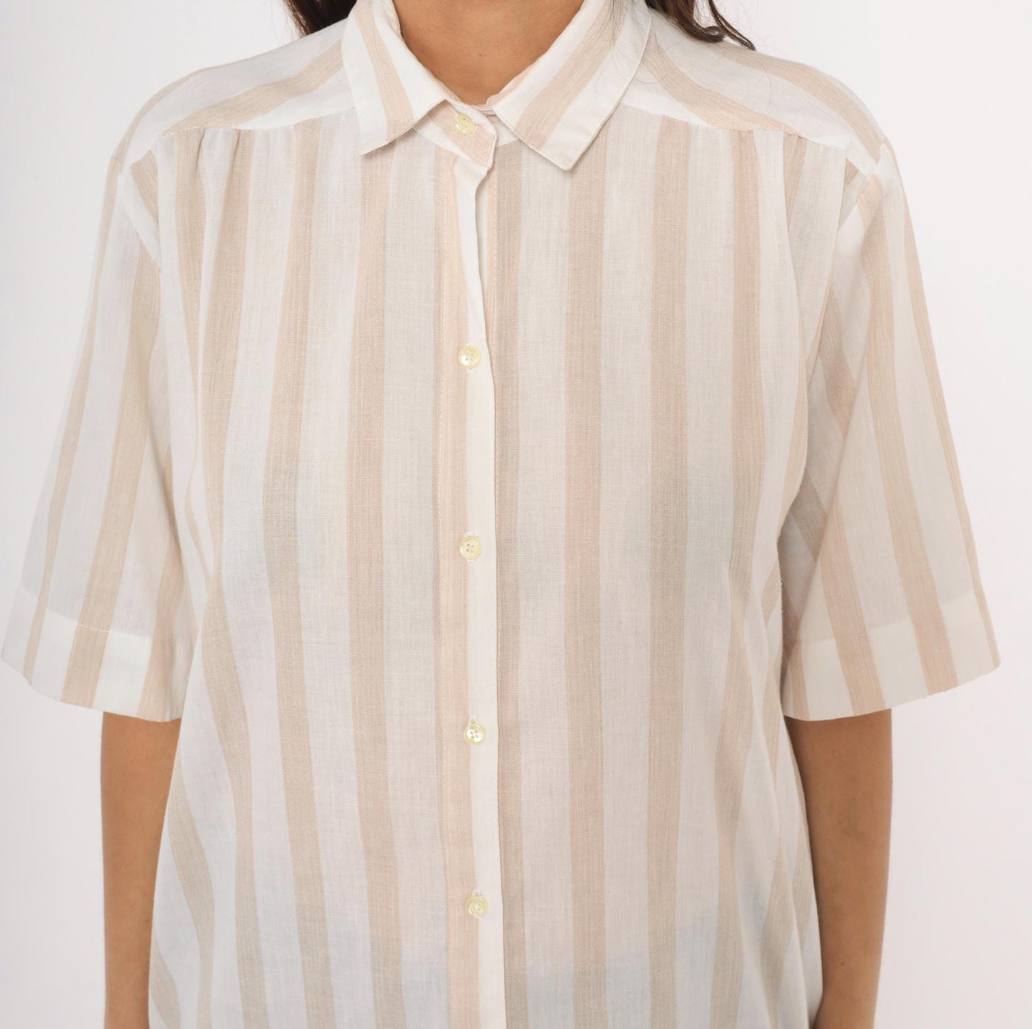 80s All Hours Cream Tan Striped Button-Front Blouse Pointed Collar Large