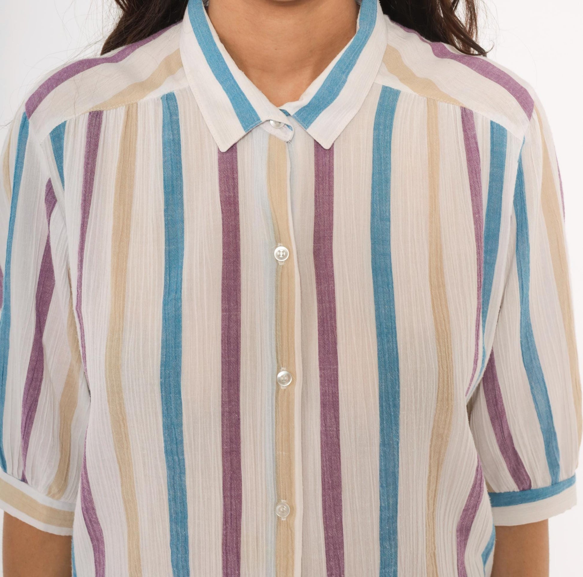 80s Koret Vertical Stripe Button Front Blouse Cream Purple Blue Tan Extra Large XL