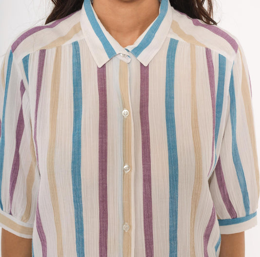 80s Koret Vertical Stripe Button Front Blouse Cream Purple Blue Tan Extra Large XL