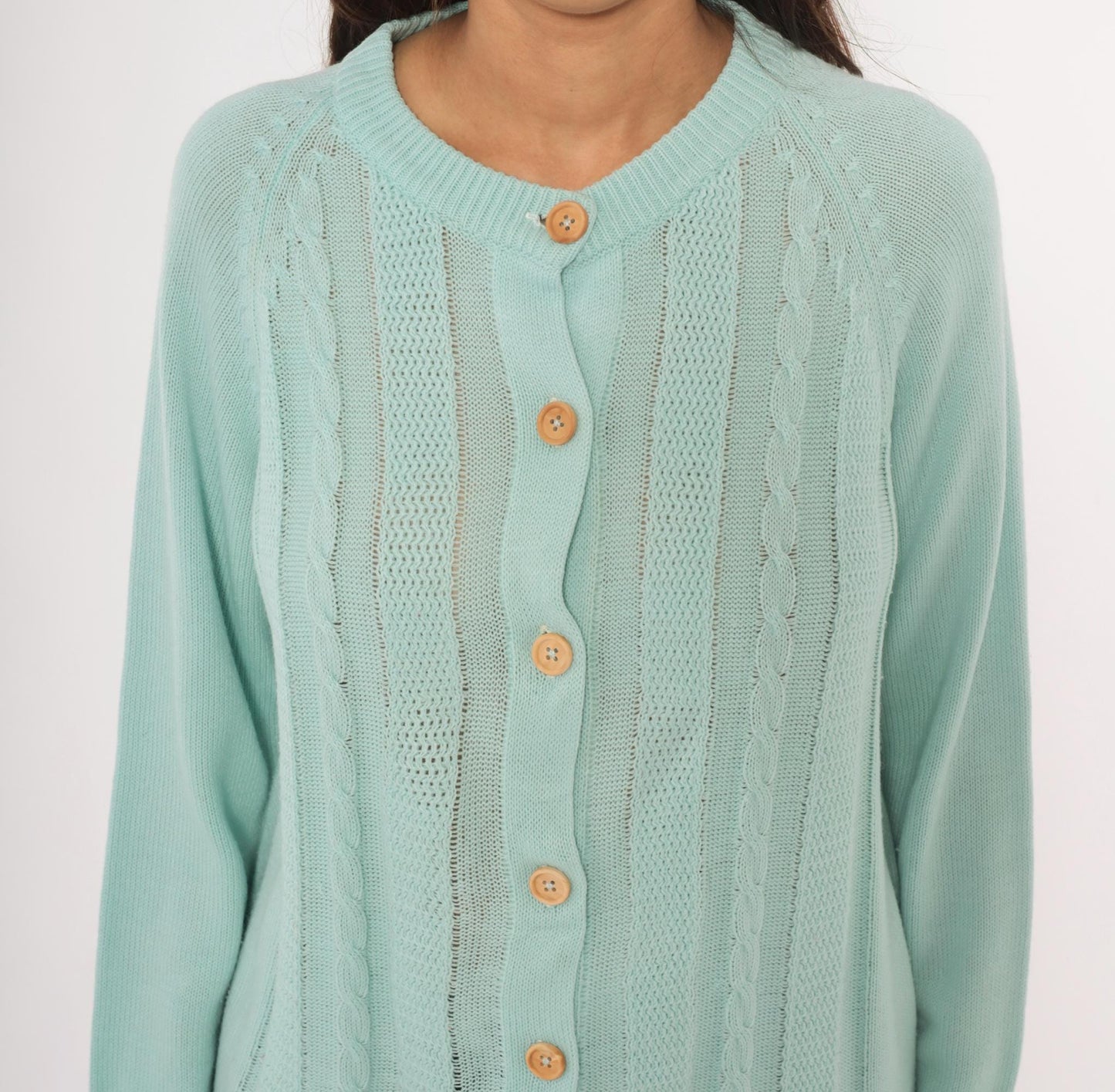 80s Seafoam Cable Knit Cardigan Mint Green Crewneck Medium M