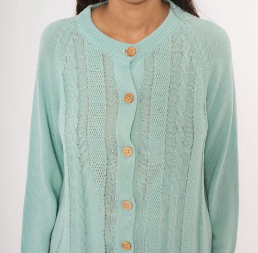 80s Seafoam Cable Knit Cardigan Mint Green Crewneck Medium M