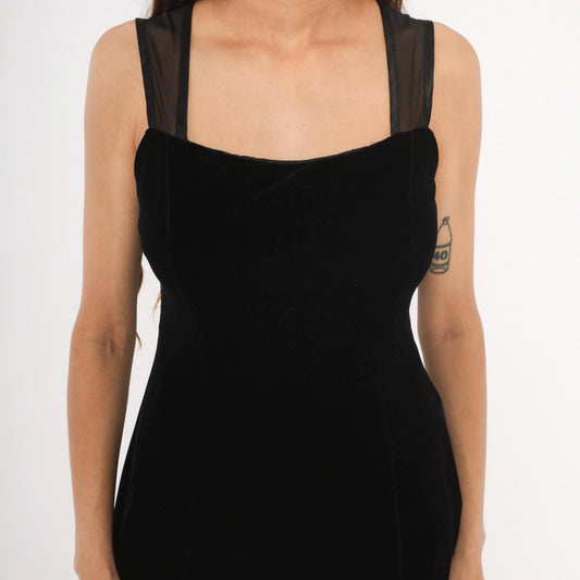 90s Betsy and Adam Black Velvet Mini Dress Sweetheart Neckline Mesh Back Medium M