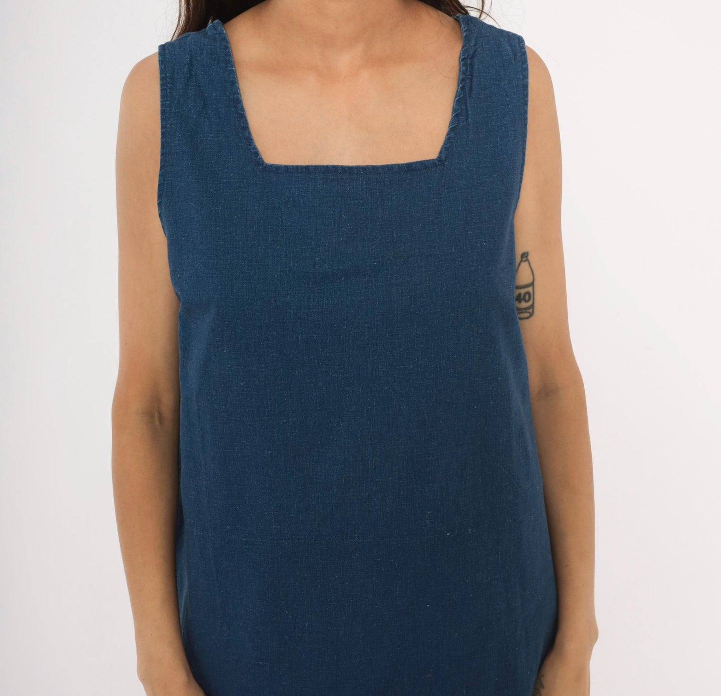 90s Portraits Navy Denim Shift Dress Square Neck Knee-Length Cotton Extra Large XL