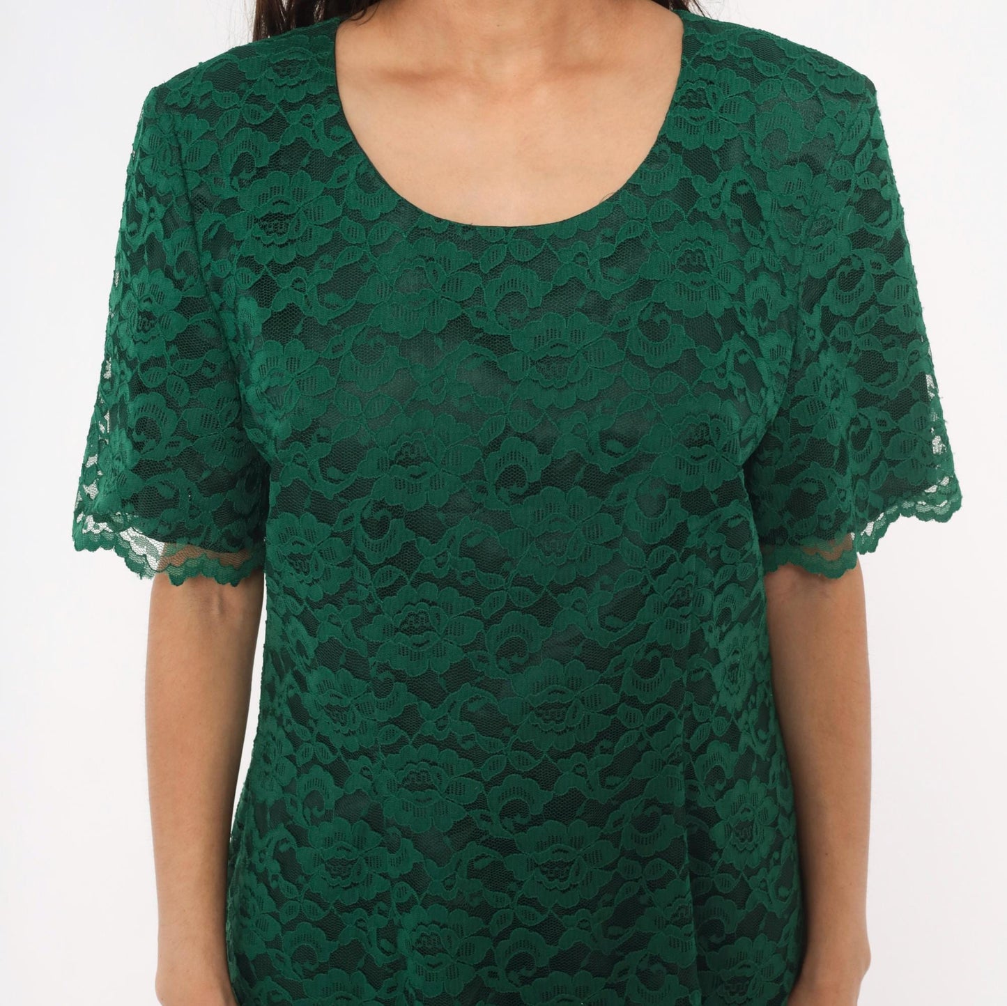 90s My Michelle Emerald Lace Dress Scalloped Hem Short Sleeve Knee-Length Extra Large