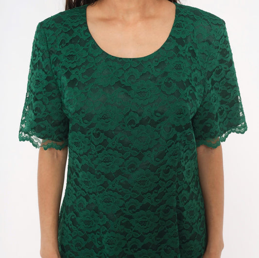 90s My Michelle Emerald Lace Dress Scalloped Hem Short Sleeve Knee-Length Extra Large