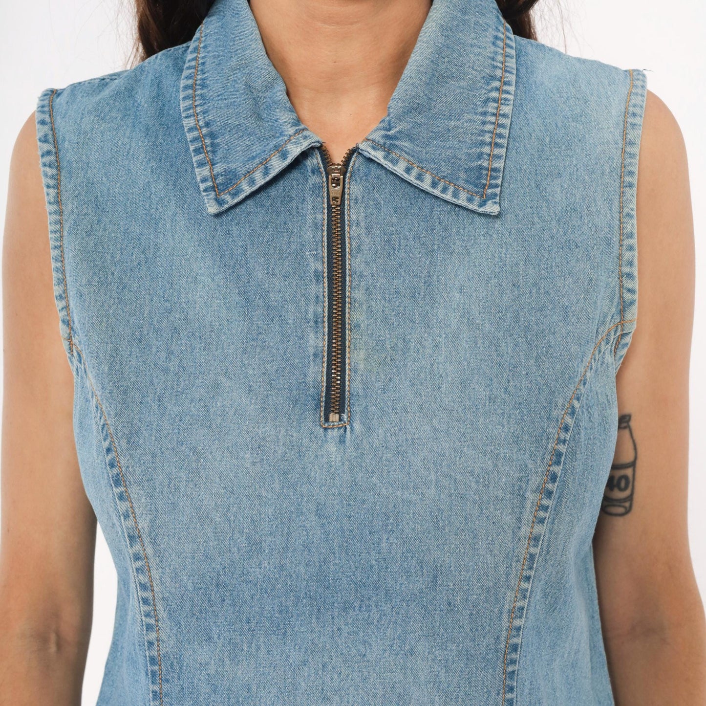 2000s Metrostyle Denim Mini Dress Sleeveless Collared Blue Chambray Sequin Medium