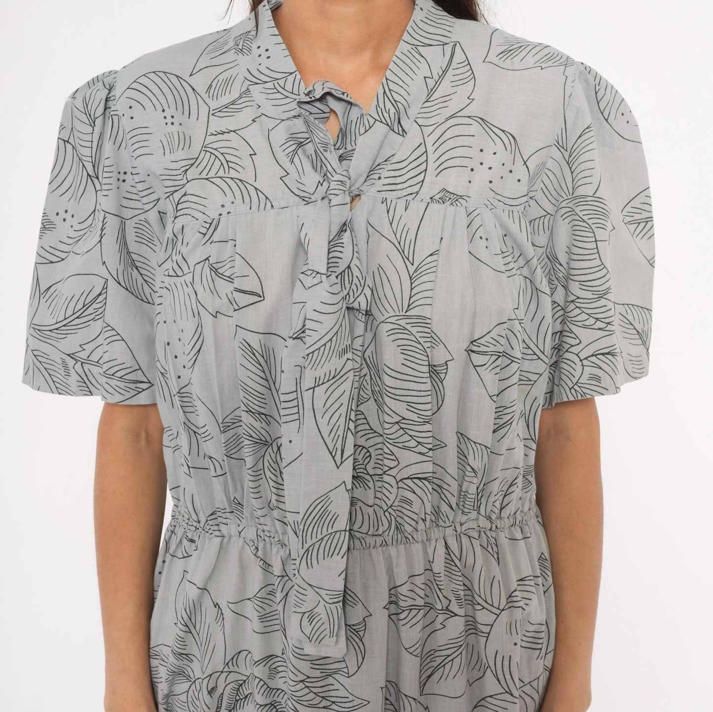 80s Botanical Leaf Print Grey Cotton Tie Neck Dress Puff Sleeve Small Medium