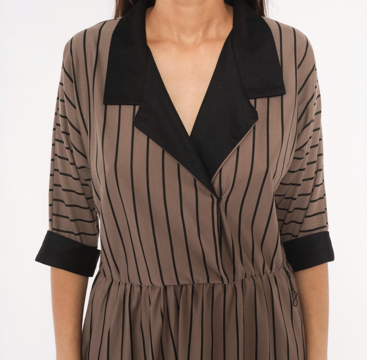 80s Studio Petites Striped Wrap Midi Dress Taupe Black Notched Collar Petite 14P