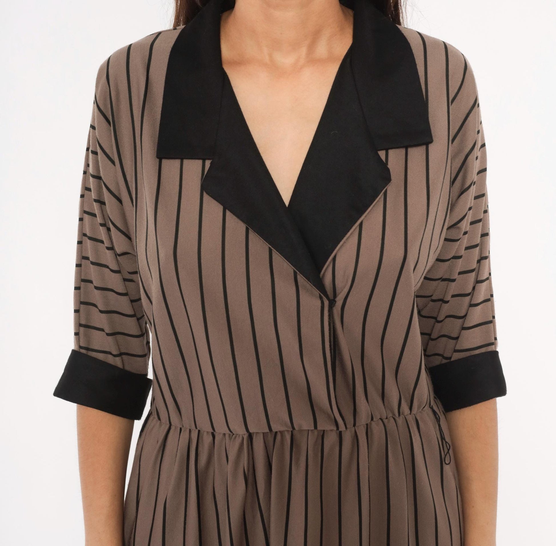 80s Studio Petites Striped Wrap Midi Dress Taupe Black Notched Collar Petite 14P