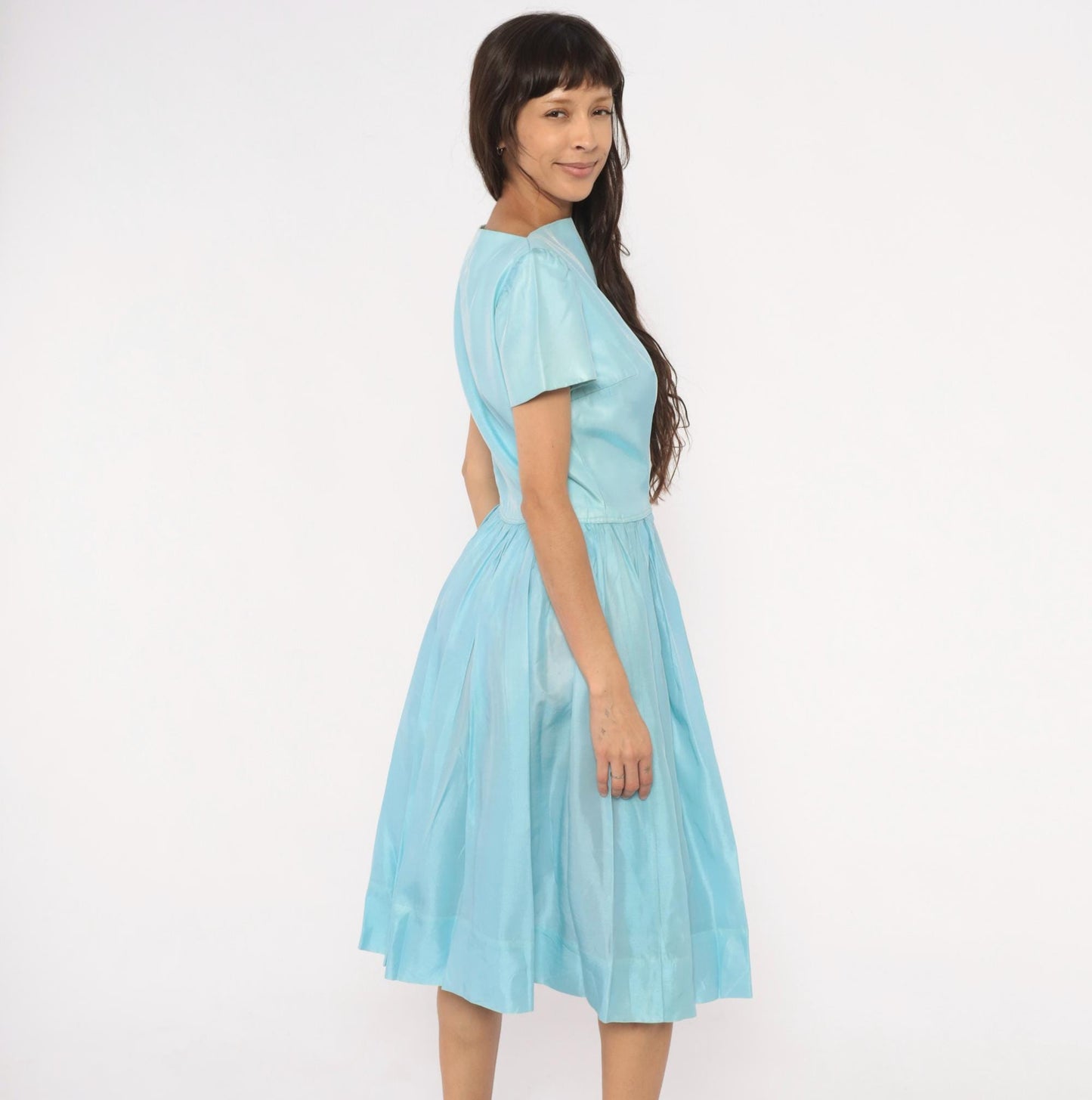 60s Baby Blue Fit-and-Flare Dress Basque Waist Pleated Knee-Length Large L