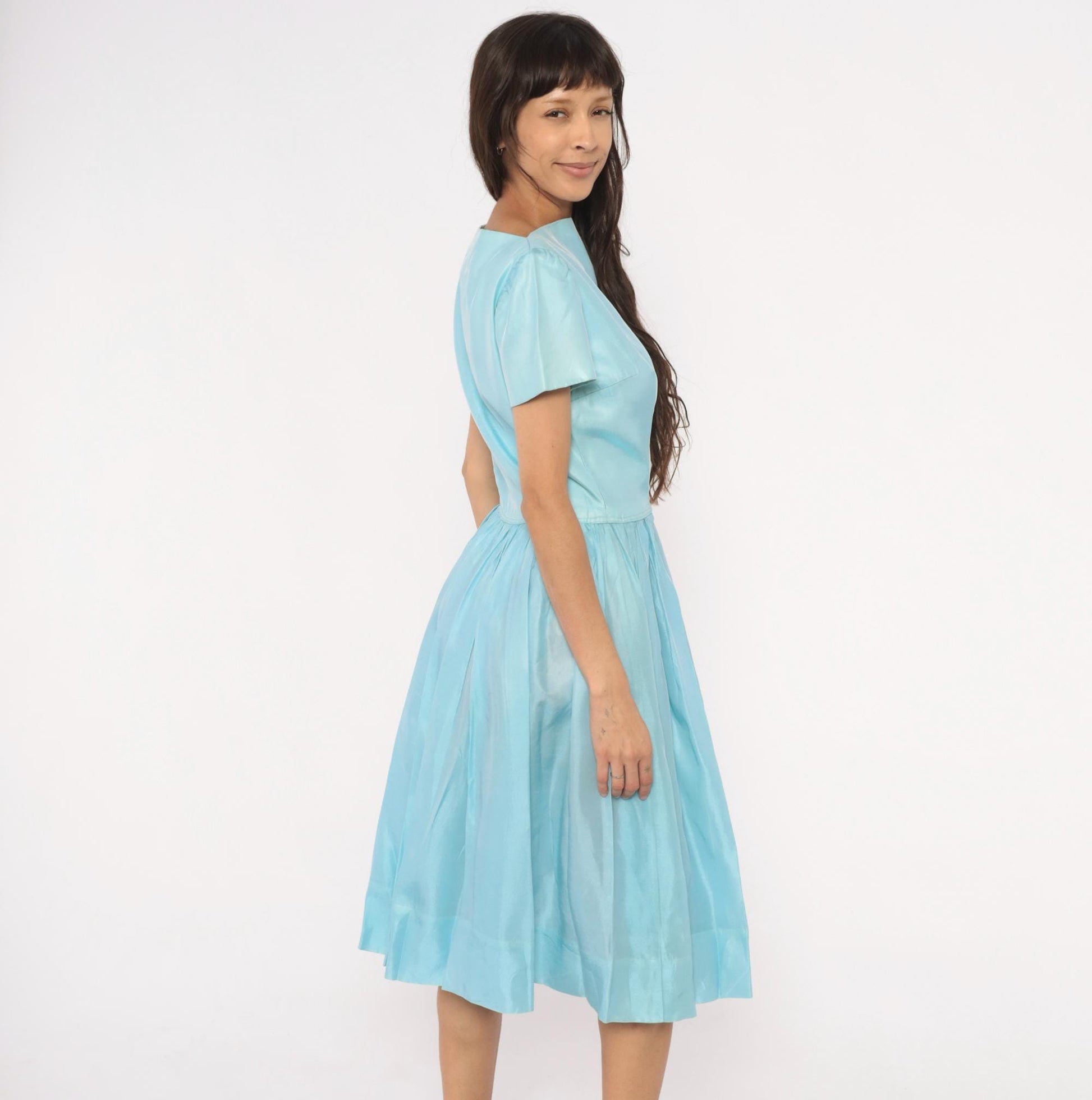 60s Baby Blue Fit-and-Flare Dress Basque Waist Pleated Knee-Length Large L