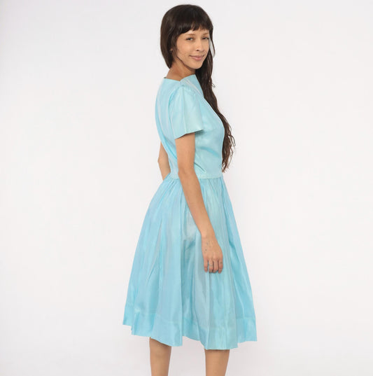 60s Baby Blue Fit-and-Flare Dress Basque Waist Pleated Knee-Length Large L