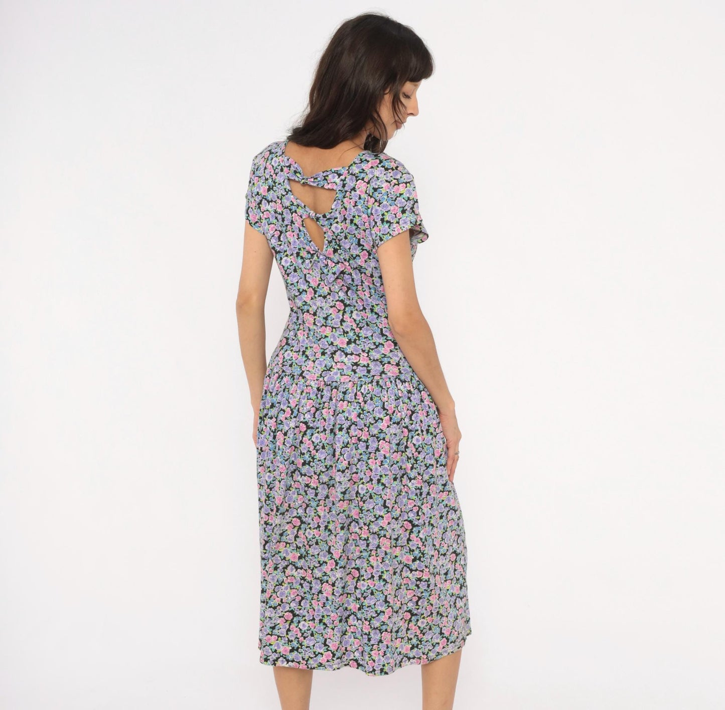 90s Sunshine Starshine Floral Midi Dress Purple Pink Rose Cap Sleeve Large