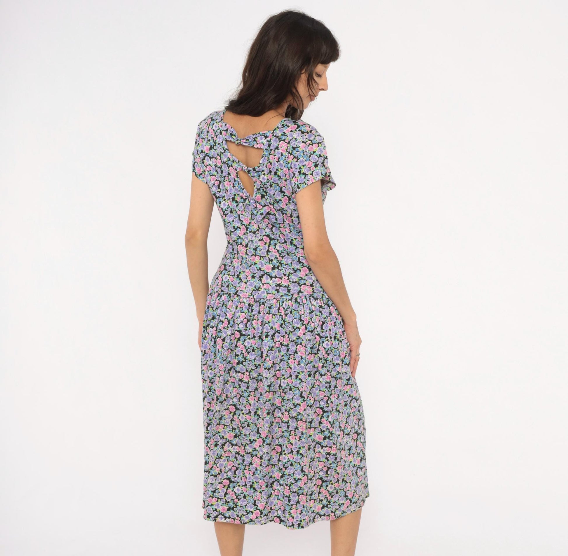 90s Sunshine Starshine Floral Midi Dress Purple Pink Rose Cap Sleeve Large