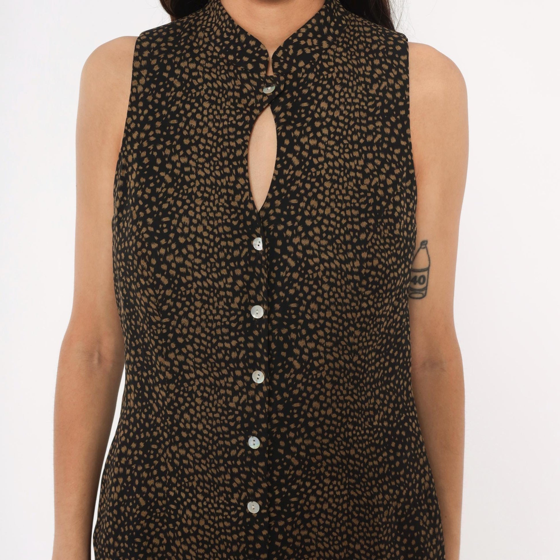90s David Warren New York Maxi Dress Mandarin Collar Keyhole Black Tan Spotted Large L