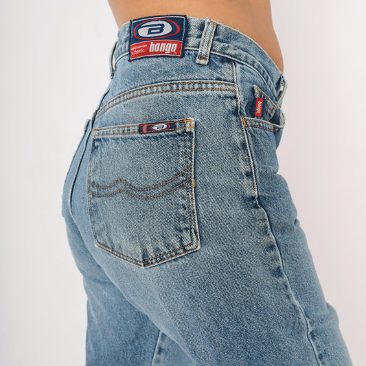 Y2K Bongo Cropped Jeans High Rise Straight Leg Raw Hem Blue Denim Small