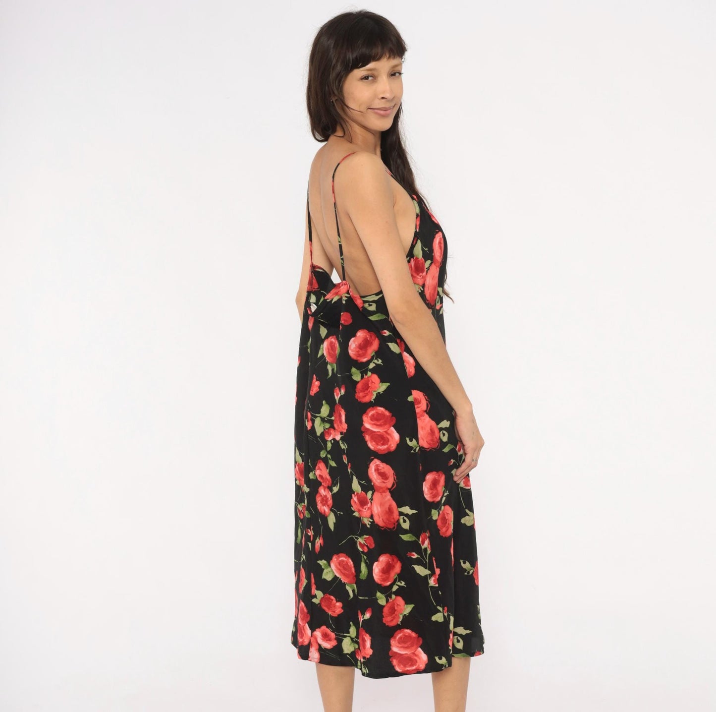 90s Chesley Rose Print Slip Dress Black Midi Spaghetti Strap Open Back Extra Large
