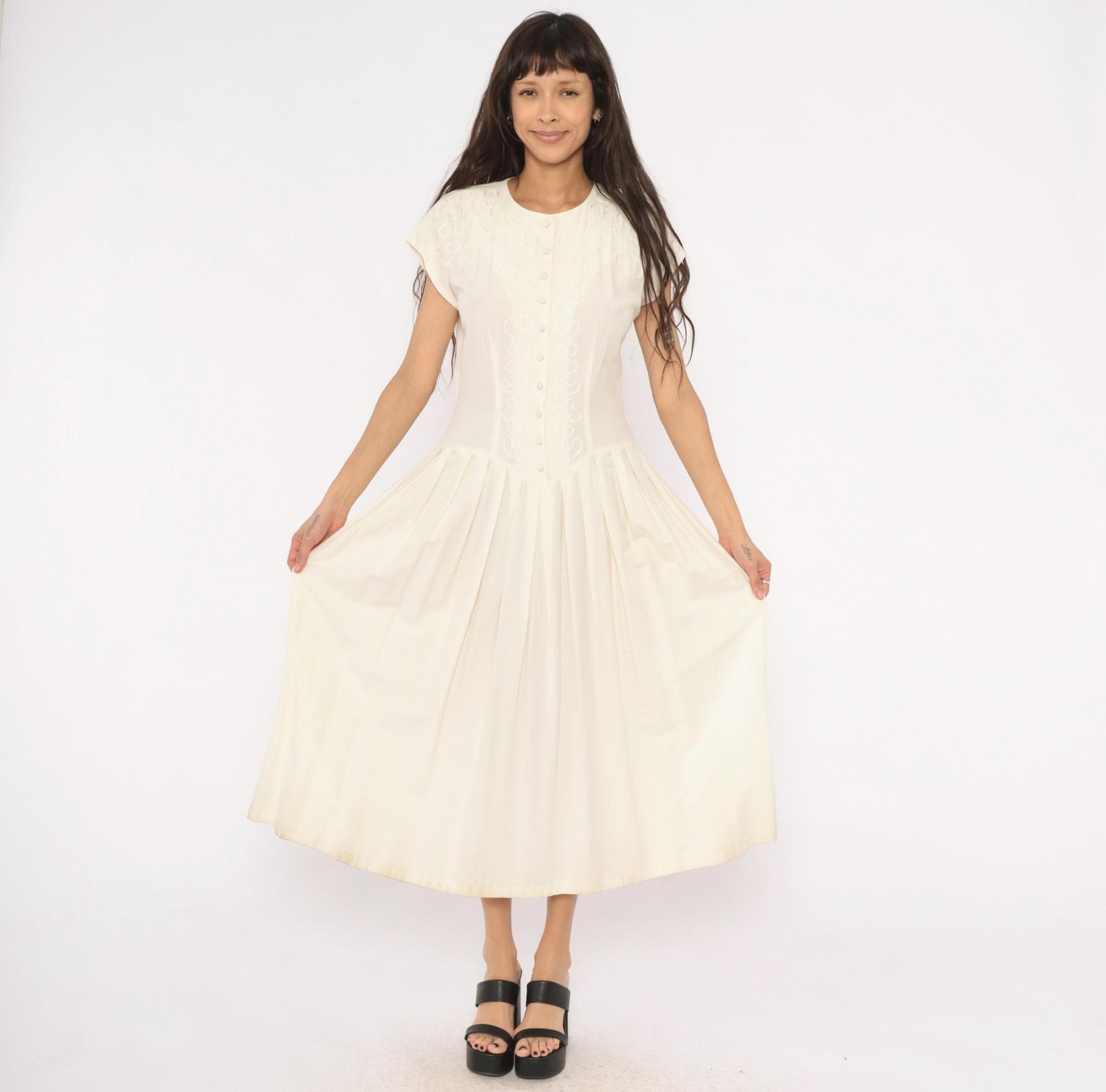 90s Jlt Soutache Embroidered Maxi Dress Cream Button Front Cap Sleeve Medium M