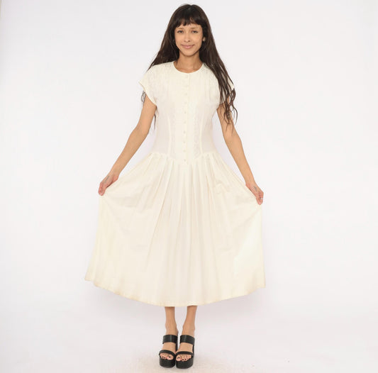 90s Jlt Soutache Embroidered Maxi Dress Cream Button Front Cap Sleeve Medium M