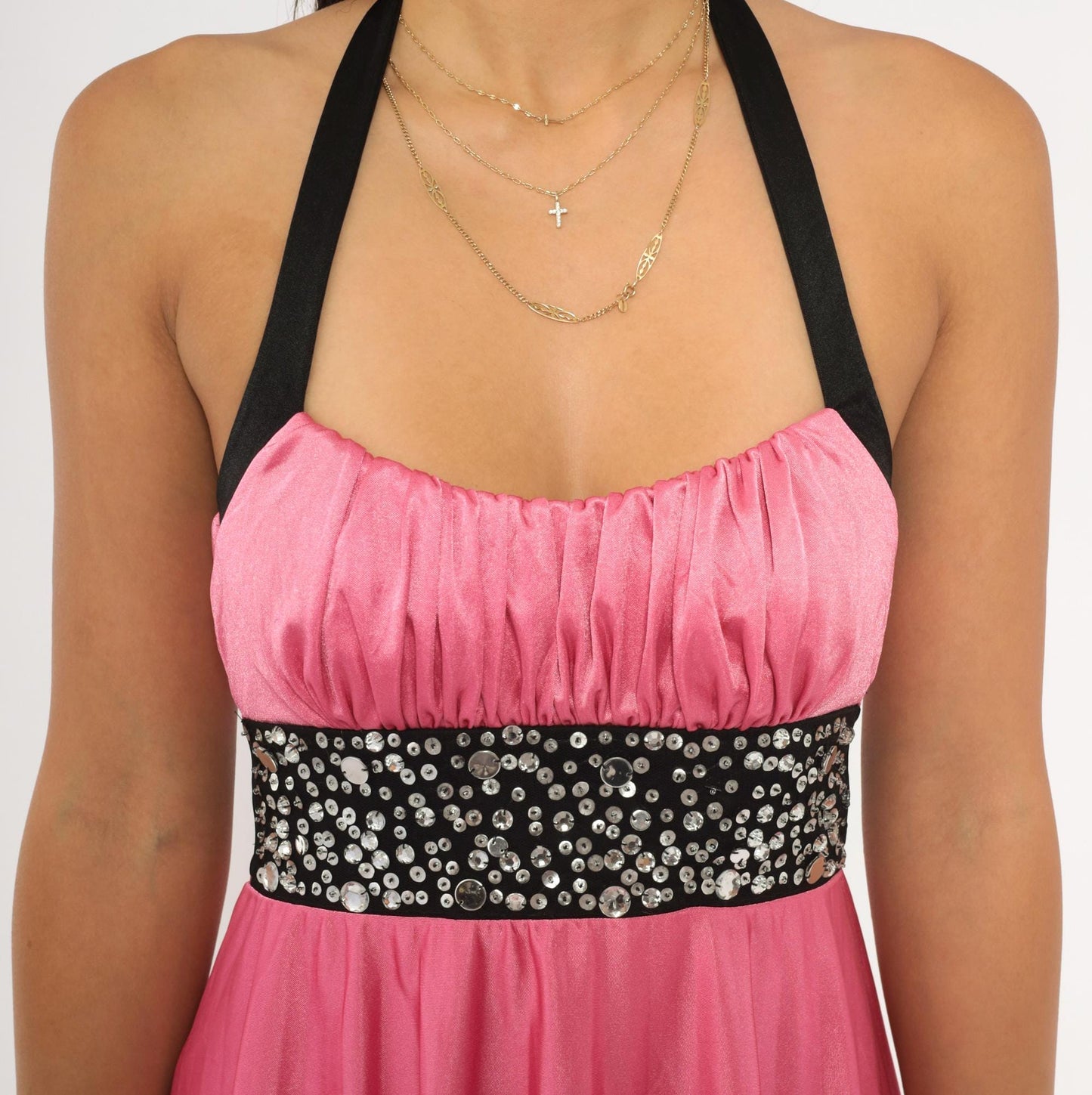 Y2K Speechless Pink Satin Halter Mini Dress Rhinestone Empire Waist Small S