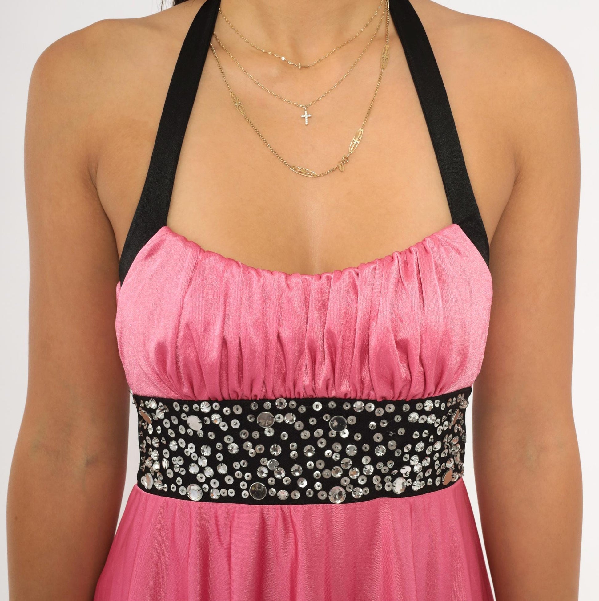 Y2K Speechless Pink Satin Halter Mini Dress Rhinestone Empire Waist Small S
