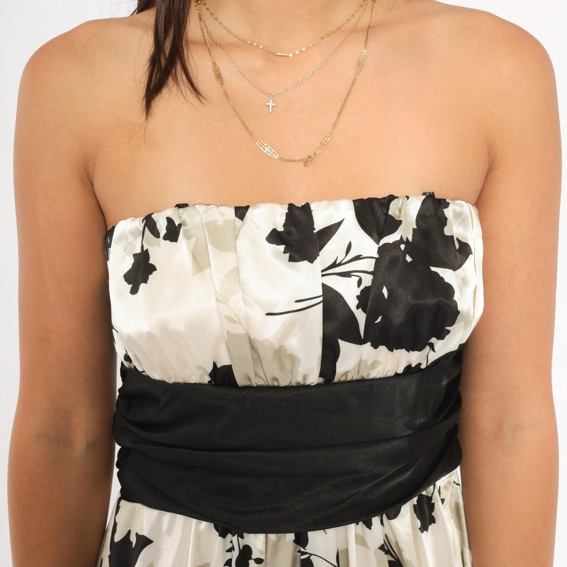 Y2K Intrigue Strapless Floral Mini Dress Black Cream Satin Empire Waist Medium