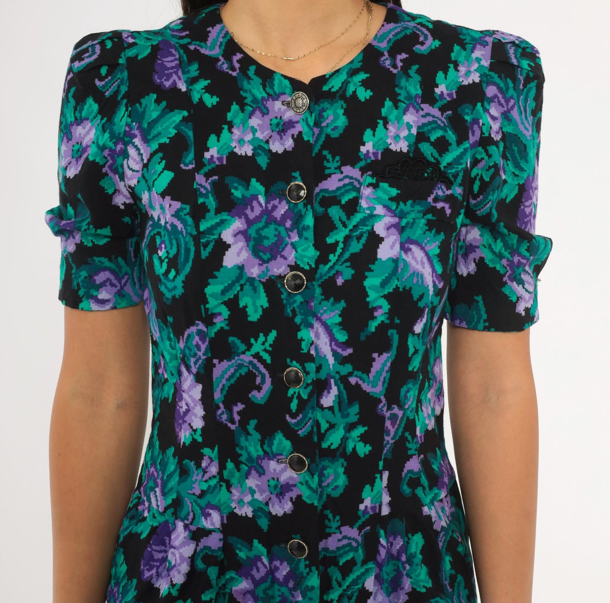 90s Petite Jazz Floral Sheath Dress Puff Sleeve V-Neck Black Teal Purple Extra Small XS